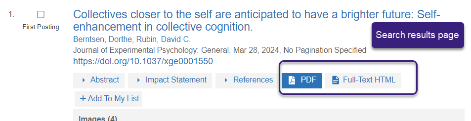 How do I get to the full text from a database record on APA PsycNet?